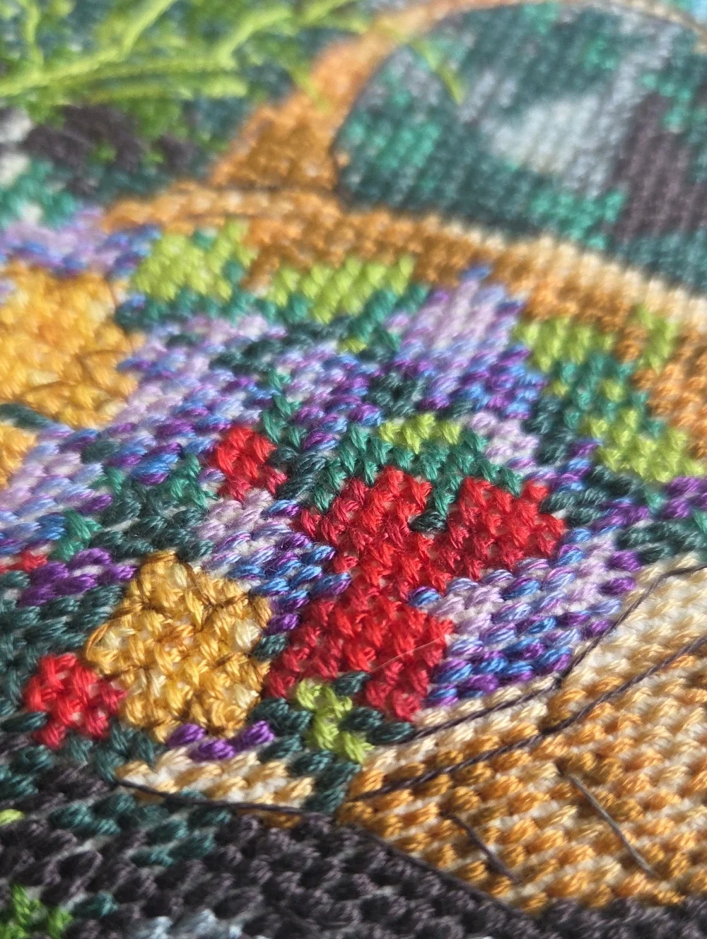 Hand-Embroidered Garden Scene Wall Art - Purple, Green, Yellow